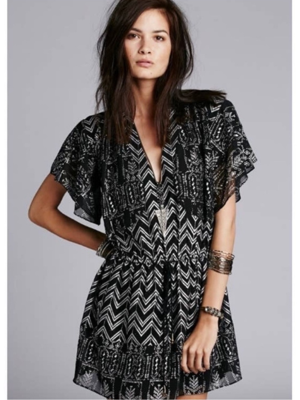 Free People Black and Gold V‑Neck Mini Dress or Tunic